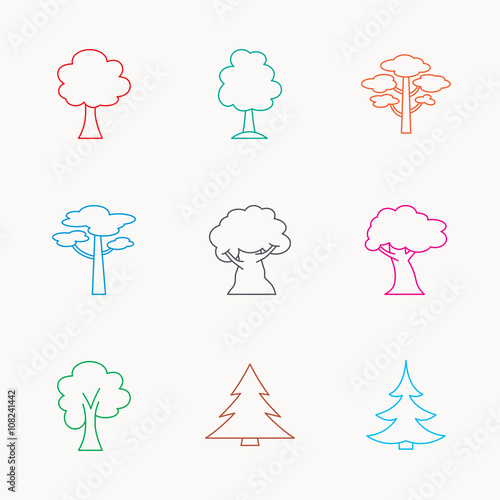 Pine tree, maple and oak icons. Christmas tree.