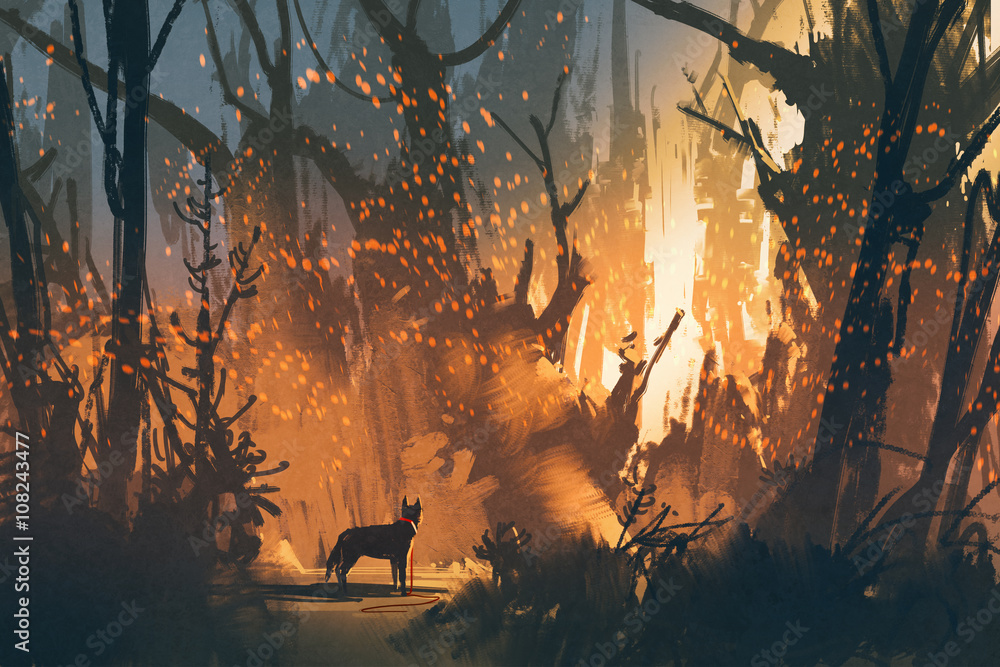 Fototapeta premium lost dog in the forest with mystic light,illustration painting