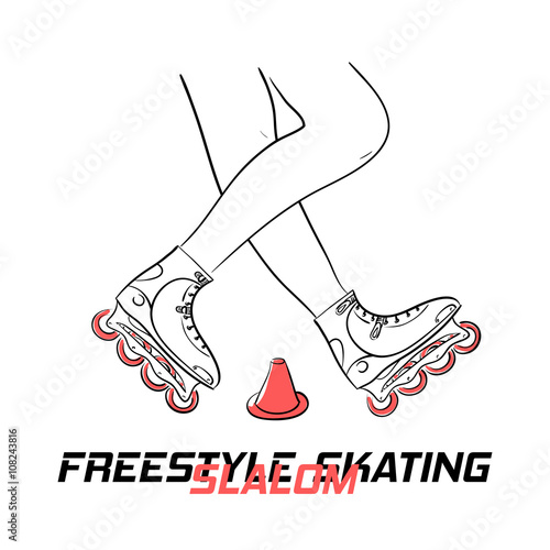 Two legs of roller with inline skates doing figure of freestyle slalom skating and title Freestyle Slalom Skating, vector illustration
