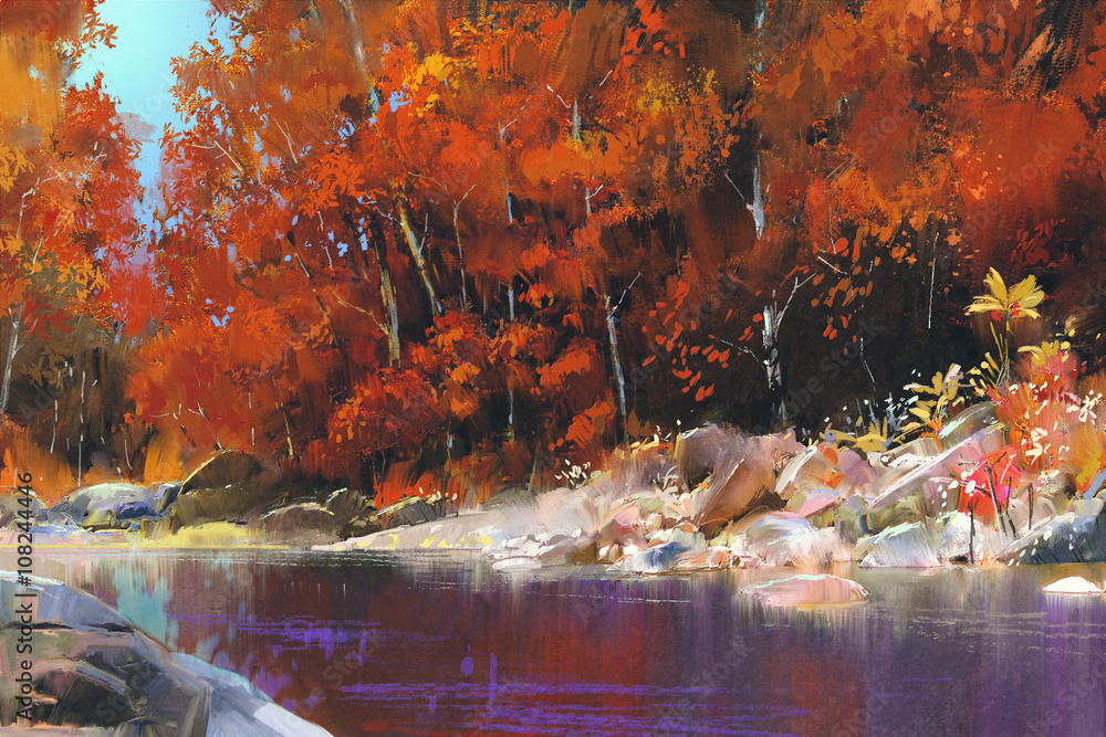 Fototapeta premium river in the autumn forest,landscape painting