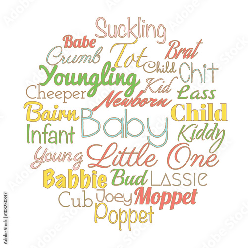 'Baby' synonyms for baby shower party. Vector words collage.