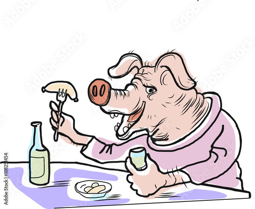 Rude pig eats sausage and drink