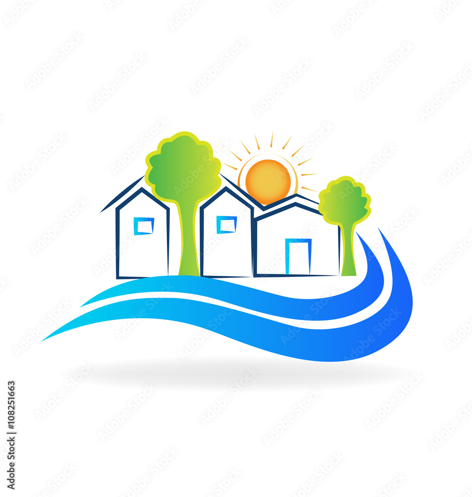 Fototapeta premium Houses waves and sun logo vector image