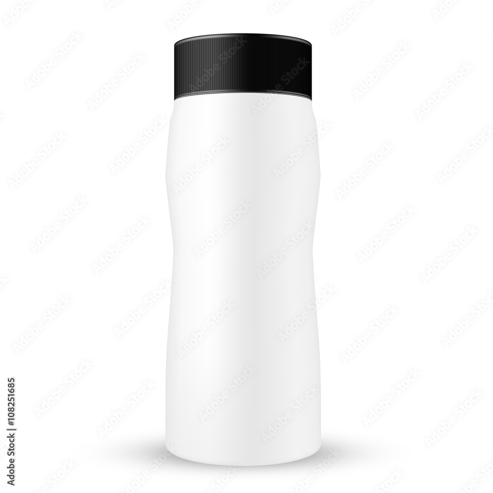 VECTOR PACKAGING: White tall liquid container with black ribbed screw cap/lid on isolated white background. Mock-up template for design. VECTOR PACKAGING: White tall liquid container with black ribbed screw cap/lid on isolated white background. Mock-up template for design.