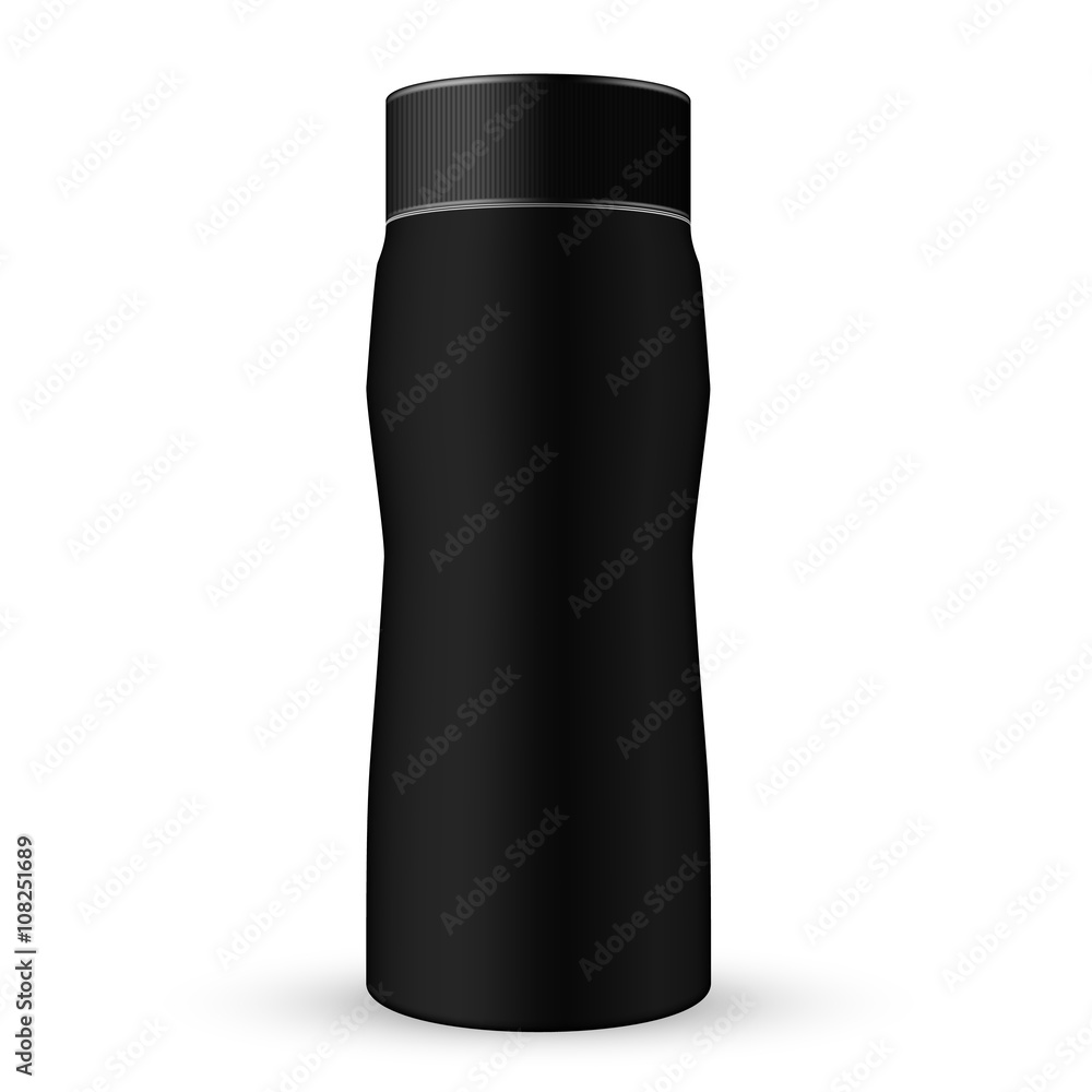 VECTOR PACKAGING: Black tall liquid container with ribbed screw cap/lid on isolated white background. Mock-up template for design. VECTOR PACKAGING: Black tall liquid container with ribbed screw cap/lid on isolated white background. Mock-up template for design.