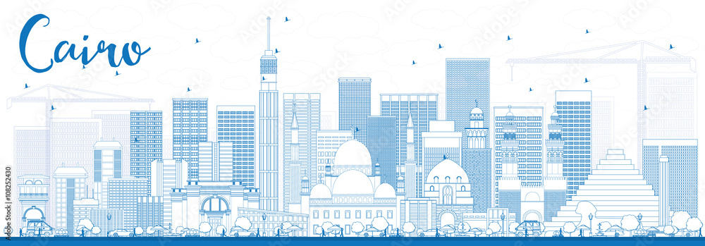 Outline Cairo Skyline with Blue Buildings.