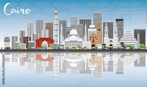 Cairo Skyline with Gray Buildings, Blue Sky and Reflections.