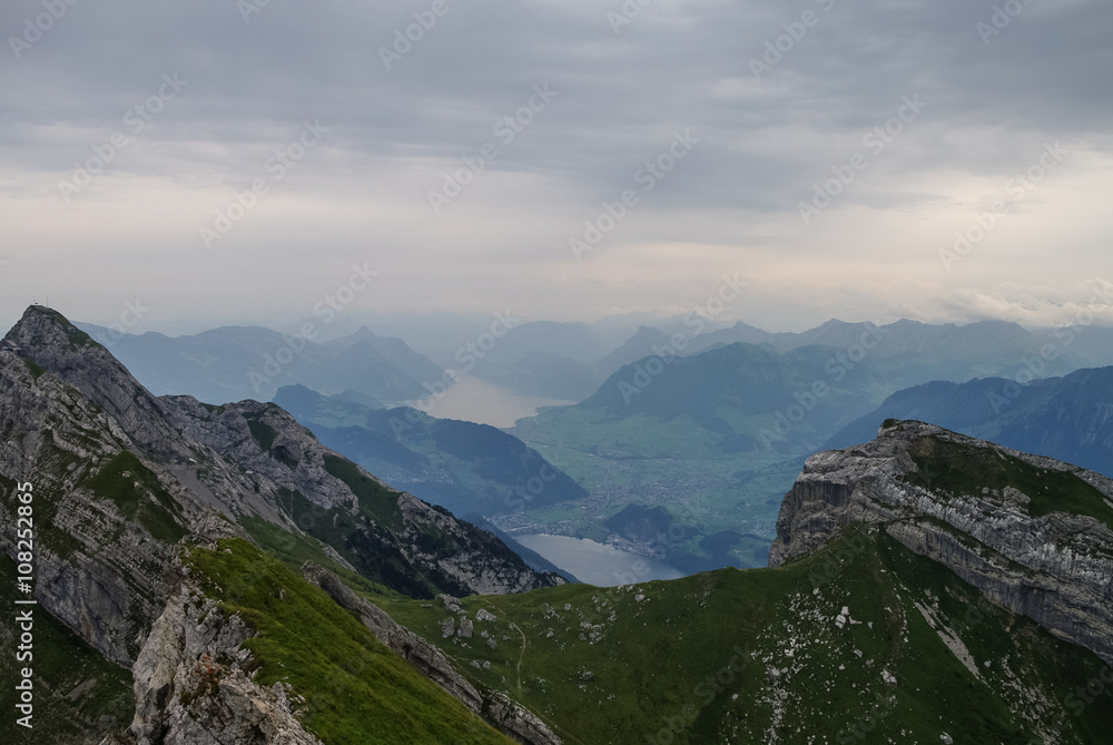 Beautiful view to Lucerne lake (Vierwaldstattersee), mountain Rigi and Buergerstock from Pilatus, Swiss Alps, Central Switzerland