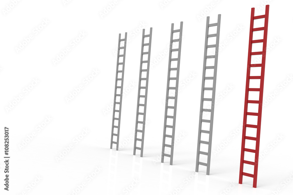 leadership concept with red ladder among grey ladders