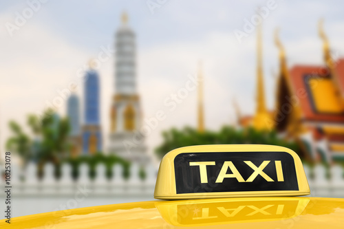 Photography taxi sign with bangkok temple background