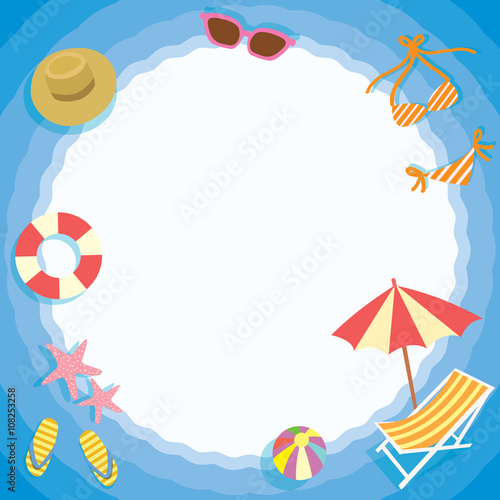 Summer breeze element objects with circle space for note message on the beach concept in blue circle wave background.Paper design for memo,notepad template,greeting card.