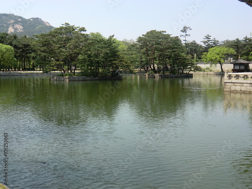 A beautiful Korean lake in Seoul with fish swimming. Trees growing on islands on the lake. Trees in the background with a mountain to the rear and a clear blue sky. © davidhall