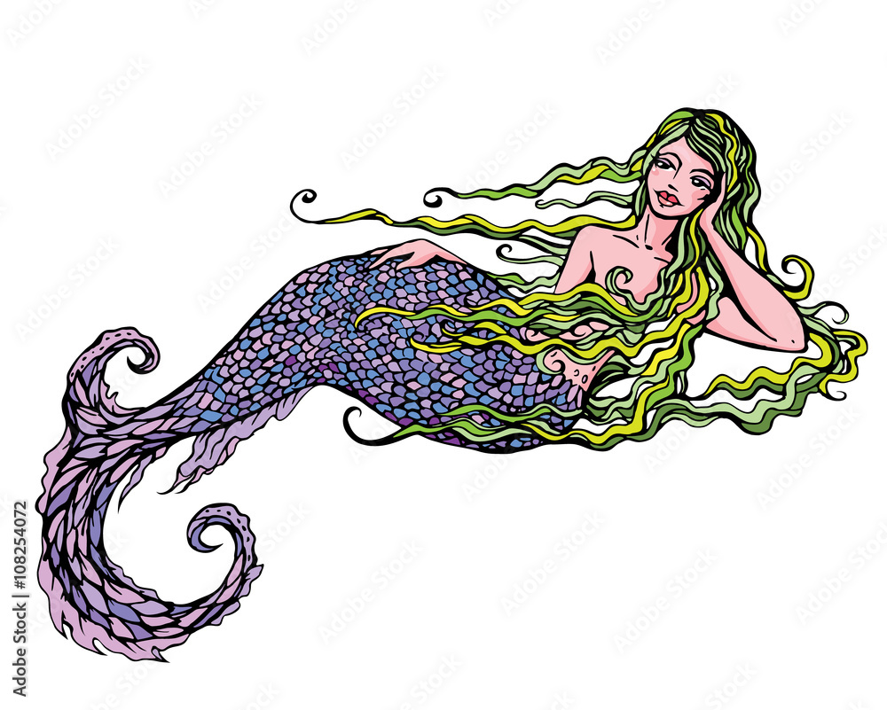 Hand drawn Illustration of a Beautiful mermaid girl isolated on - obrazy, fototapety, plakaty 
