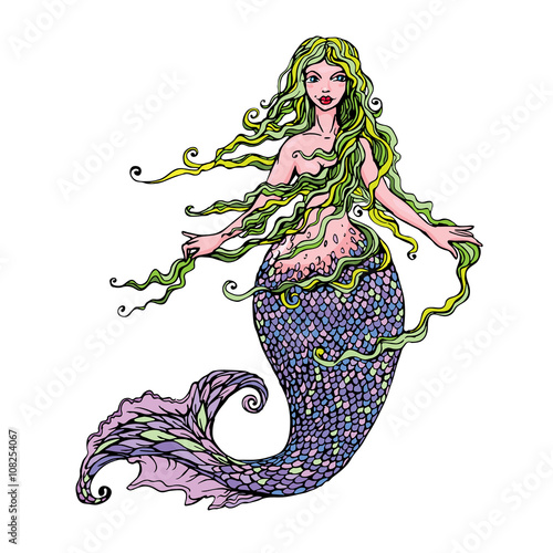 Hand drawn Illustration of a Beautiful mermaid girl isolated on