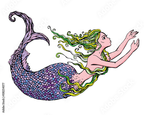 Hand drawn Illustration of a Beautiful mermaid girl isolated on