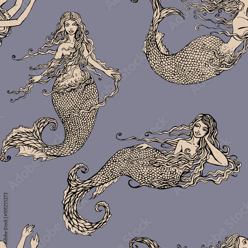 Seamless pattern with Beautiful mermaid girls. Hand drawn Illust