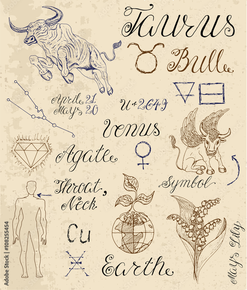Full set of symbols for zodiac sign Taurus or Bull