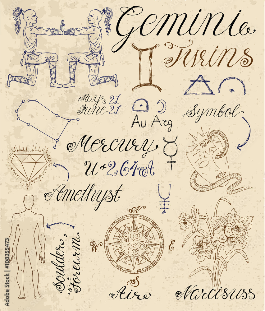 Fototapeta premium Full set of symbols for zodiac sign Gemini or Twins.