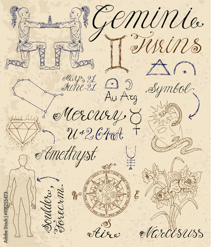 Full set of symbols for zodiac sign Gemini or Twins. photo