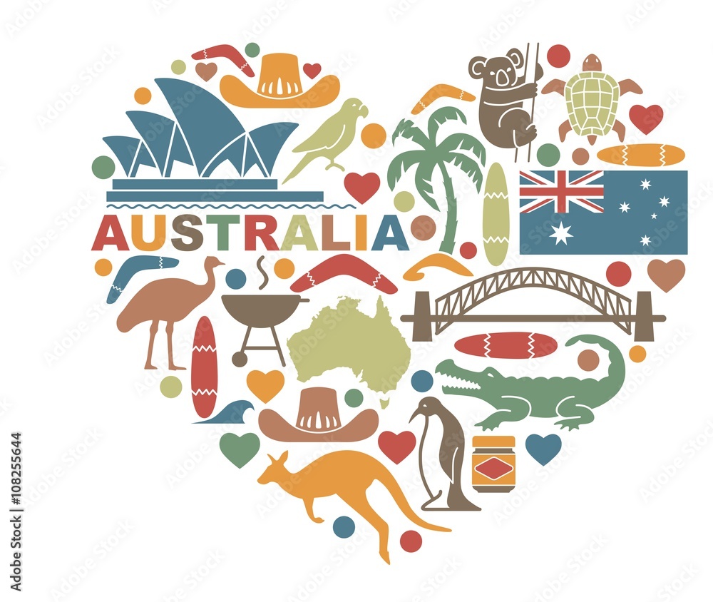 Symbols Of Australia in the shape of a heart Stock Vector | Adobe Stock