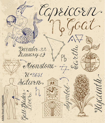 Full set of symbols for zodiac sign Capricorn or Goat