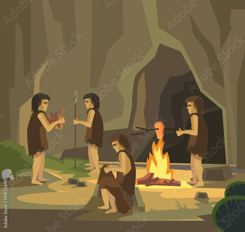 Cave people. Vector flat illustration