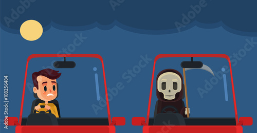 Driver with death. Vector flat cartoon illustration