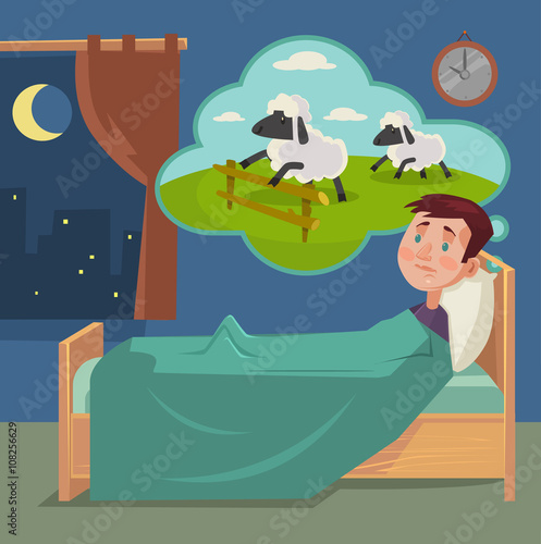 Sleepless man counting sheep. Vector flat cartoon illustration