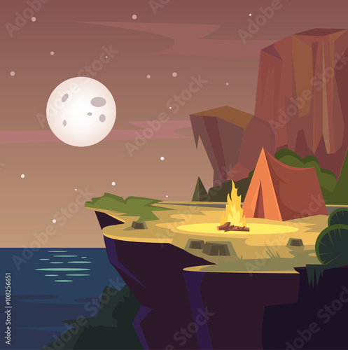 Night camping. Vector flat cartoon illustration