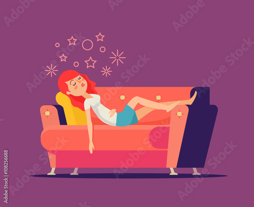 Sleeping girl on sofa. Vector flat cartoon illustration 