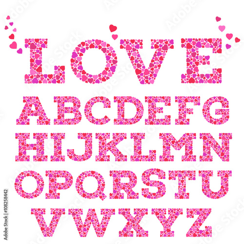 Brightly colored romantic alphabet with love inscription made of small vivid heart shapes in mosaic style.