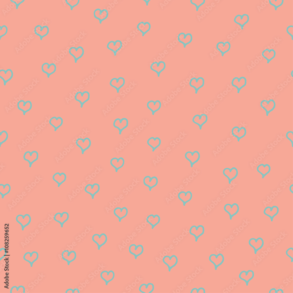 Seamless pattern with blue hearts on pink background.