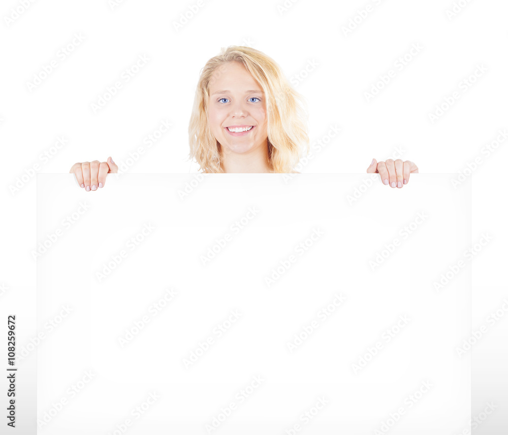 Pretty woman holding blank poster with copy space Pretty woman holding blank poster with copy space
