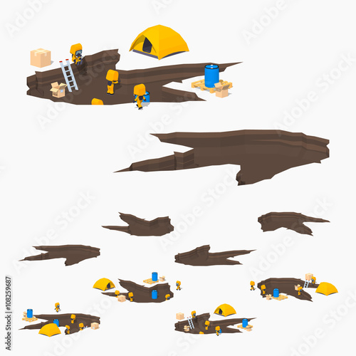 Monster footprint and the team of scientists. 3D lowpoly isometric vector illustration. The set of objects isolated against the white background and shown from different sides
