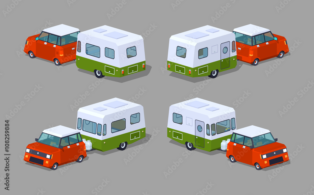 Fototapeta premium Red hatchback with green-white motor home. 3D lowpoly isometric vector illustration. The set of objects isolated against the grey background and shown from different sides