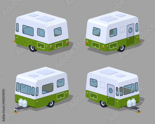 Retro motor home. 3D lowpoly isometric vector illustration. The set of objects isolated against the grey background and shown from different sides