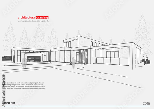 Wireframe blueprint drawing of 3D building. Vector architectural template background.