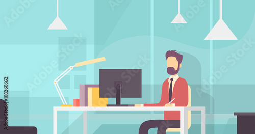 Business Man Sitting Desk Working Desktop Computer