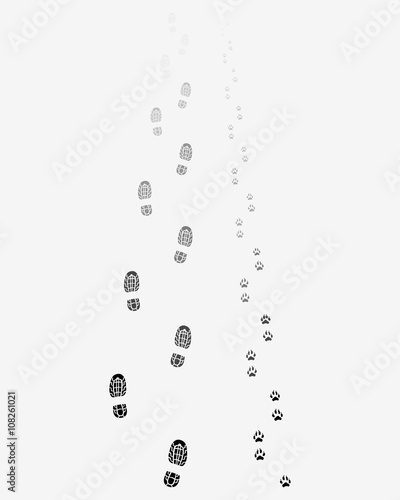 Black footprints of man and dog, vector