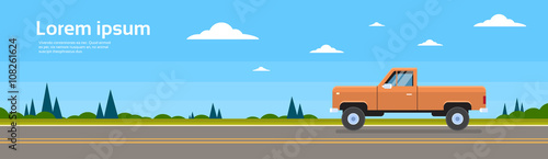 Pickup Car Truck On Road Banner With Copy Space