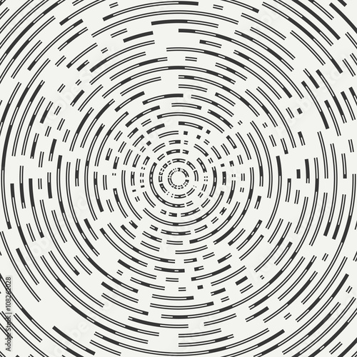Abstract segmented geometric circle shape. Radial concentric circles. Rings. Swirly concentric segmented circles. Design element. Random lines. Vector illustration. Graphic texture. Background.
