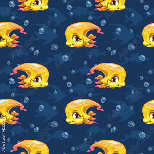 Seamless pattern with cute cartoon yellow fish