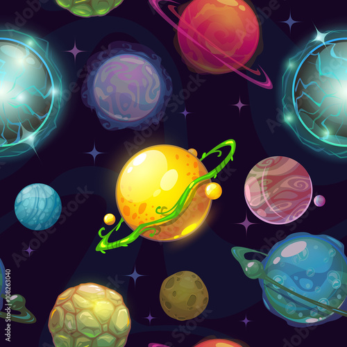Seamless space pattern with cartoon planets