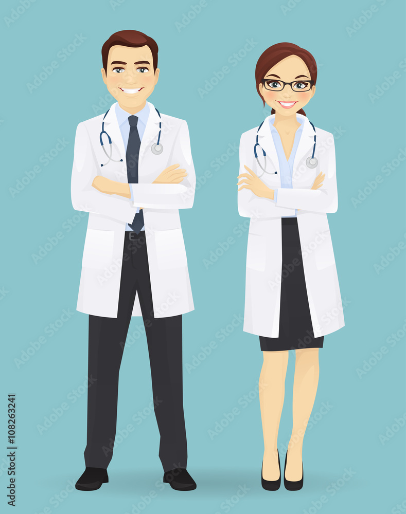 Male and female doctors isolated. 