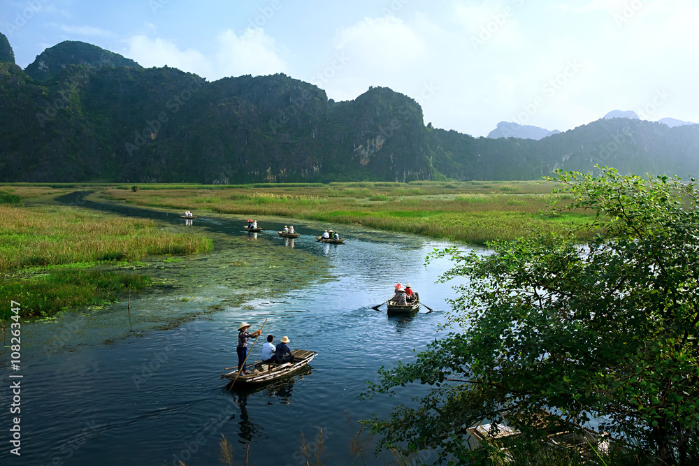 Landscape in Van Long natural reserve in Ninh Binh, Vietnam. Vietnam landscapes.