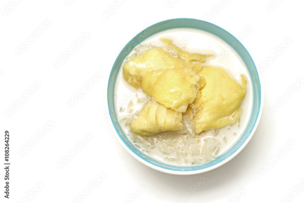 thai dessert, durian sticky rice with coconut milk sauce thai dessert, durian sticky rice with coconut milk sauce