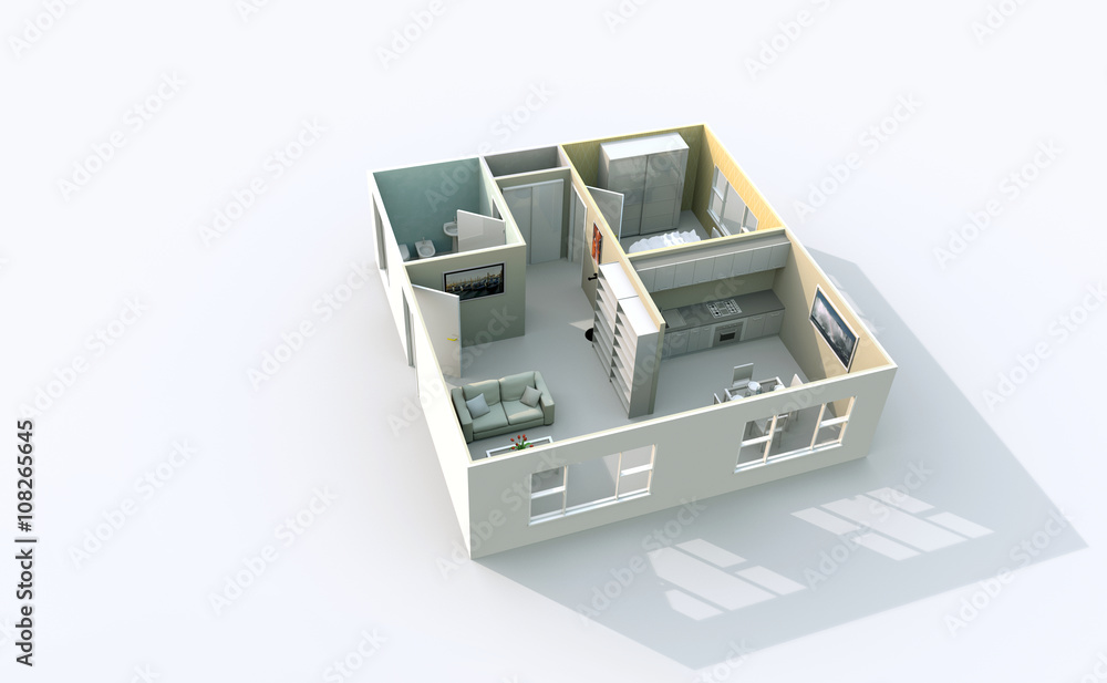 3d interior rendering oblique view of roofless apartment with furnishings