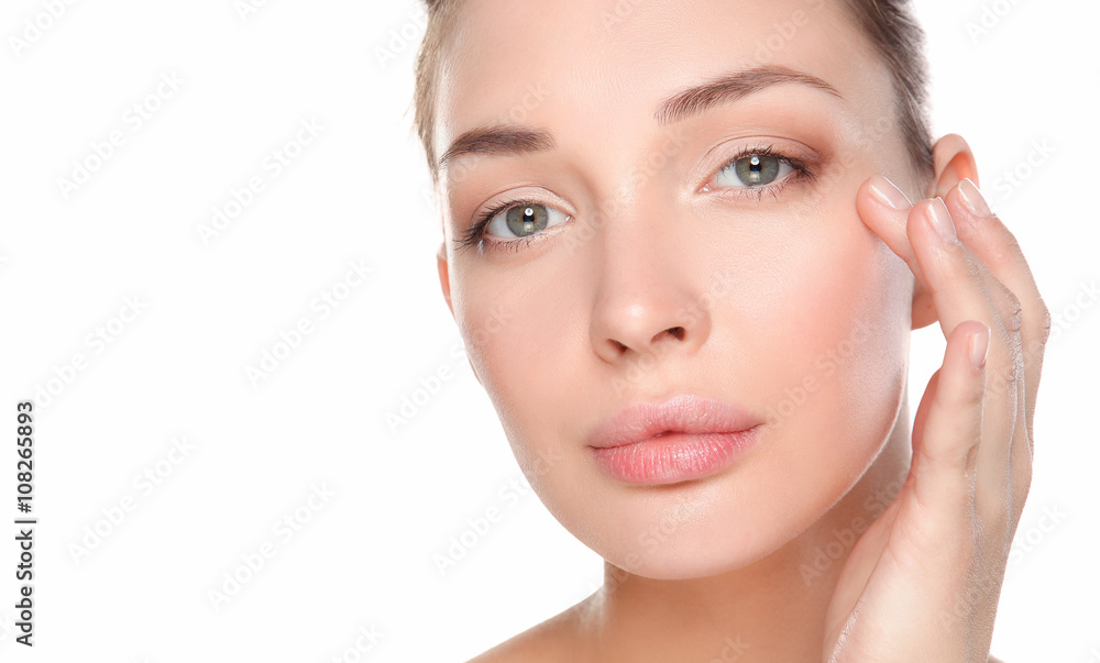 Close up portrait of beautiful young woman face. Isolated on white background.