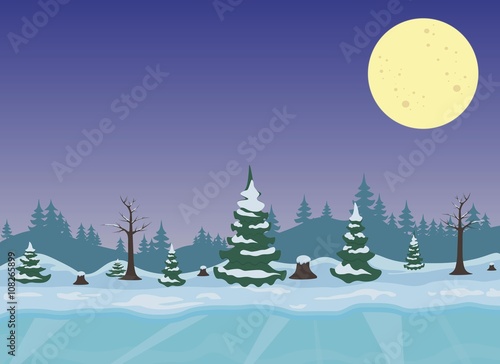 Vector winter night landscape with forest and moon