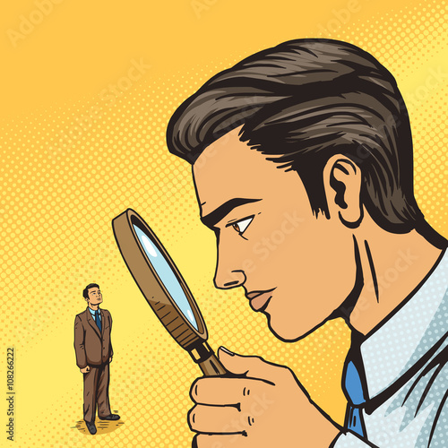 Man looking through magnifier on man pop art